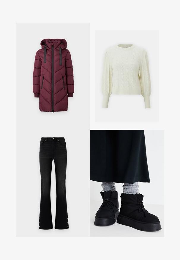 Parka bourgogne avec capuche, arborant un motif en chevrons, des zips noirs et des cordons de serrage noirs. Manches longues et design mi-long.; Pull en tricot crème avec un motif de vagues texturé, des poignets côtelés et un col rond. Dispose de manches bouffantes et d'une coupe ajustée.; ONLY ONLWAUW MID WAIST FLARED - Jean flare - washed black; Bottines noires rembourrées avec semelles plates, lacets et coutures proéminentes. Associées à des chaussettes à côtes grises qui dépassent, portées avec une jupe sombre.