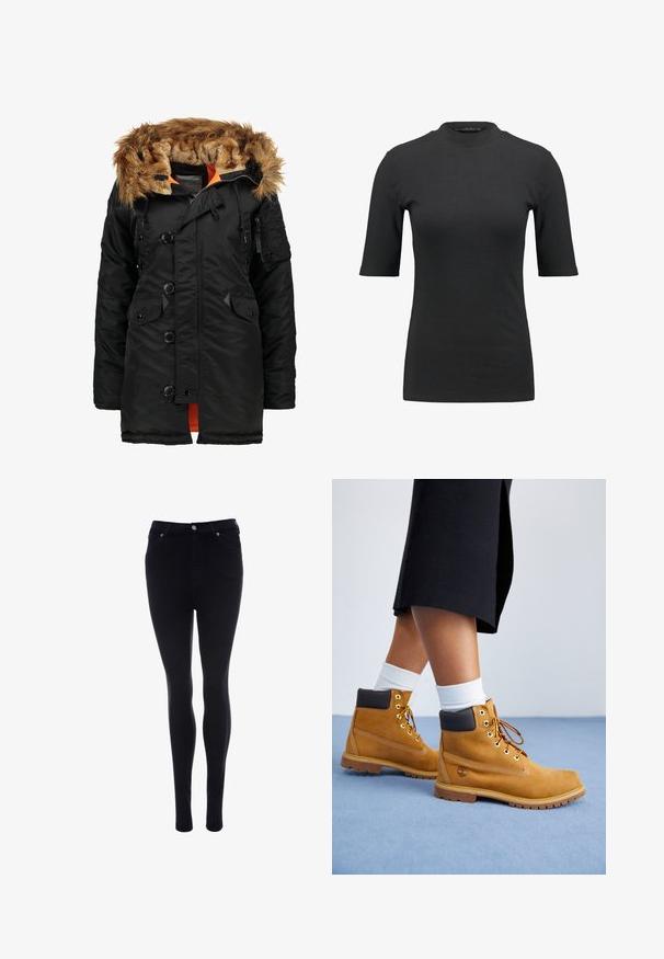 Schwarze isolierte Parka mit fellgefütterter Kapuze, orangem Innenfutter, Druckknopfverschluss und mehreren Fronttaschen. Verfügt über verstellbare Kordelzüge.; Schwarzes geripptes T-Shirt mit hohem Hals und kurzen Ärmeln. Glattes, figurbetontes Design ohne Muster oder sichtbare Hardware-Details.; Schwarze hoch taillierte Skinny-Jeans mit vorderem Knopf und Reißverschluss, vorderen und hinteren Taschen, präsentiert vor weißem Hintergrund.; Sandfarbene Wildlederschuhe mit braunen Lederakzenten, goldenen Ösen und einer strukturierten Sohle. Weiße Socken, die über den Stiefeln sichtbar sind.