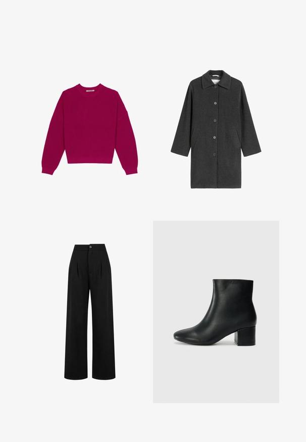 Mørkegrå lang uldfrakke med bred krave, knaplukning foran og skrå sidelommer.; Magenta ribbet striktrøje med rund halsudskæring, dropped skuldre og lange ærmer. Kanten er cropped, hvilket fremhæver det strukturerede stof.; Sorte breddebenede bukser med frontfold, knaplukning og en glat tekstur. Designet har høj talje og fuldlængdebukser.; Sorte læder ankelstøvler med spids tå og en kraftig hæl. Glat tekstur med minimale detaljer og et slankt, tætsiddende design.