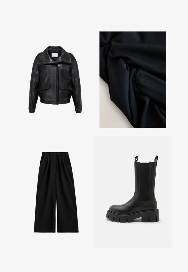 Sort læderjakke med et struktureret design, der har en bred krave, store forlommer og en frontlynlås. Glat tekstur.; Sort stof med synlig tekstur og folder, der skaber bløde skygger og højlys på en lysfarvet overflade.; Sorte bukser med vide ben og høj talje, udstyret med bæltestropper, frontplisseringer og en ren, glat stoffinish.; Sorte læder ankelstøvler med elastiske sidedele, trækremme, kraftig sål med mønster og forstærkede syninger. Overfladen har en glat struktur.