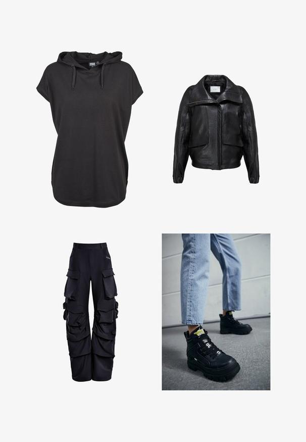 Must must jackets, mille struktuurne disain, laia kraega, suurte esipakkidega ja ees oleva lukuga. Sile tekstuur.; Must nadukaga t-särk lühikeste varrukatega, mis on valmistatud pehmest kangast. Omab reguleeritavaid nööre ja vaba lõiget. Lihtne disain, ilma mustriteta.; Mustad kargosüüd, mis on valmistatud tekstureeritud kangast, mitmete suurte taskutega, lõdva lõikega ning külgedel kogutud detailidega.; Mustad mustad sneakers, millel õhkkerega, millel on nööpidega disain, logoga detailid ja kollased sildid. Kombineeritud helesiniste lühikeste teksadega.