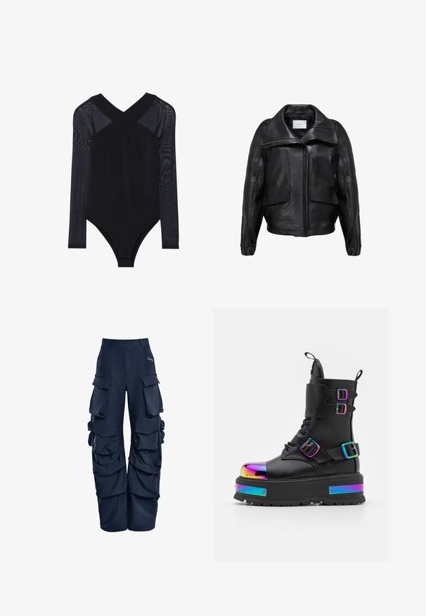 Veste en cuir noir avec un design structuré, dotée d'un large col, de grandes poches avant et d'une fermeture éclair à l'avant. Texture lisse.; Bodysuit noir avec des manches longues en maille, un décolleté en V profond et une coupe ajustée, mettant en avant un tissu lisse et une construction discrète.; Pantalons cargo de marine avec plusieurs grandes poches latérales, une coupe décontractée et des détails de tissu froncé sur les côtés. Fabriqués en matériau léger.; Koi Footwear COSMIC FIRE METAL PLATFORM BOOTS - Bottines à lacets - black/multi-coloured