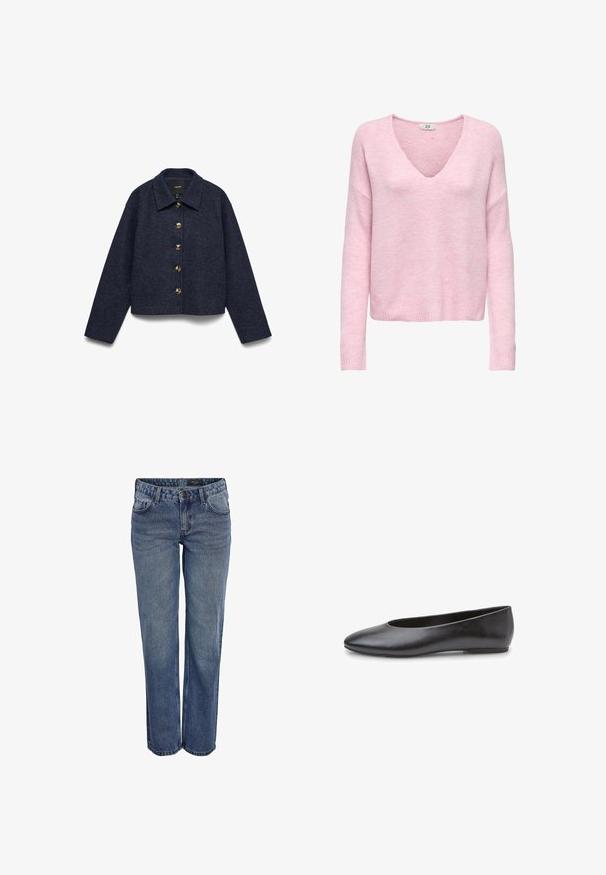 Marineblå cropped jakke i uldblanding med lange ærmer, spids krave og fem store brune knapper foran.; Lyserød strikket sweater med lange ærmer, V-udskæring og ribbet manchet og kant, vist på en ensfarvet baggrund.; Blå denim jeans med en lige benudskæring, der har et klassisk fem-lomme design, diskrete stikninger og en knaplukning.; Sort ballerina i læder med spids tå og minimalistisk design. Har en glat tekstur og en lav, flad hæl.