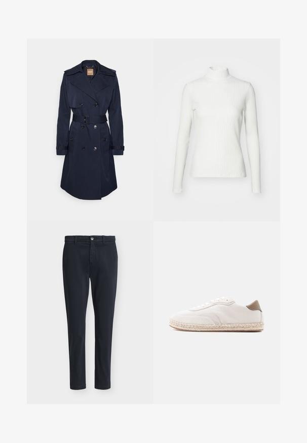 Mørkeblå trenchcoat lavet af glat stof, med belted talje, dobbeltknaplukning foran, bred krave og manchetremme.; Hvid ribbet turtleneck blouse med lange ærmer, lavet af elastisk stof. Har et tætsiddende design og høj hals for god dækning.; Mørkeblå mænds slim-fit afslappede bukser med knaplukning og bæltestropper, vist på en ensfarvet lysegrå baggrund.; Hvid sneakers med øverste del i ruskind, beige accenter og en sål vævet af jute. Har flade snørebånd og et side logo med mærke.