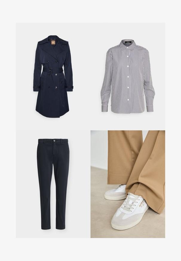 Abrigo trench de color azul marino, confeccionado en tejido suave, con cintura ceñida por un cinturón, frente doble botonadura, amplio cuello y tiras en los puños.; Theory NEW STRAIGHT - Blusa - pestle multi; Pantalones casual ajustados de hombre en azul marino oscuro con cierre de botón y trabillas para cinturón, exhibidos sobre un fondo liso gris claro.; Zapatillas blancas con detalles de ante, cordones texturizados y suela de goma. Combinadas con un pantalón suelto en tono marrón claro. Logo exhibido en el lateral.