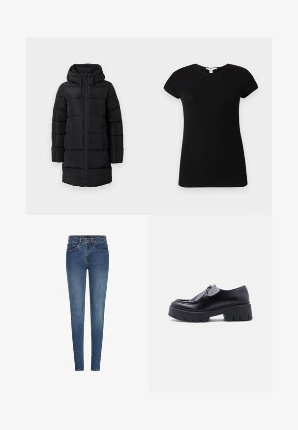 Sort polstret jakke med hætte, der har en frontlynlås, elastiske snore og syede paneler til isolering.; Sort, kortærmet, ribstrikket, tætsiddende t-shirt med rund hals, vist fladt mod en lys baggrund.; Slanke jeans lavet af mørkeblå denim, med en mellemhøj talje, fem lommer og kontrasterende syninger. Glat tekstur med en let stræk.; Sort kraftig platformloafer med tyk skridsikker sål og dekorativ mærkat på snørebåndet, vist i profil på hvid baggrund.