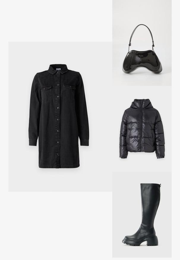 Sort dunjakke med en blank finish, lynlåslukning foran og høj krave. Har lodrette quiltede mønstre og elastiske manchetter.; Sort denim skjortekjole med knaplukning foran, krave, lange ærmer og to brystlommer. Har et simpelt design og et robust materiale.; Høj sort læderstøvle med kraftig platformssål og blokhæl, med trækstrop og tekstureret sål.; Sort patentlæder håndtaske med en unik buet form, kort justerbar hank og en lynlåslukning i toppen. Glat tekstur med diskret branding.