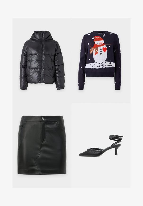 Schwarze Pufferjacke mit glänzender Oberfläche, Reißverschluss vorne und hohem Kragen. Mit horizontalem Steppmuster und elastischen Bündchen.; Marineblauer Strickpullover mit einem Schneemann-Design, der einen roten Schal, ein Herz und Schneeflocken zeigt. Runder Ausschnitt und lange Ärmel mit weißen Akzenten.; Schwarzer MINI ROCK aus Kunstleder mit vorderem Knopf, Reißverschluss, vorderen und hinteren Taschen sowie Nahtdetails.; Schwarzer spitzer Kitten-Heel mit Spitze, gewelltem Rand und umwickelndem Knöchelriemen mit Schnallenverschluss.