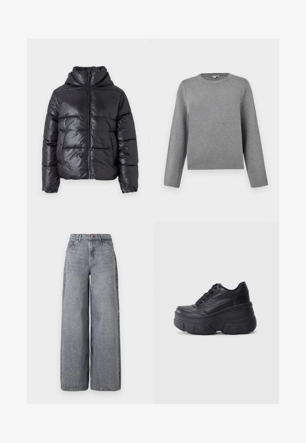 Sort dunjakke med en blank finish, lynlåslukning foran og høj krave. Har lodrette quiltede mønstre og elastiske manchetter.; Grå strikket sweater med rund hals og lange ærmer; blød tekstur og lige snit, med et subtilt, jævnt strikkemønster.; Bredde ben denim jeans i en falmet grå vask, med fem lommer, en knaplukning og en blød tekstur med subtile fældningsdetaljer.; Sorte snørebåndssneakers med en kraftig sål, der har en glat læderoverdel, rund tå og et markant lagdelt plade-design.
