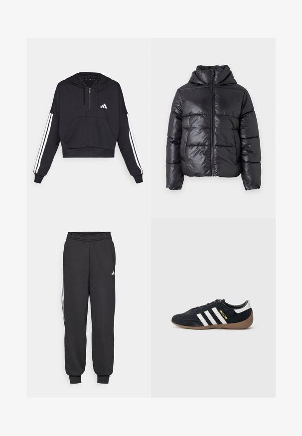 Sort dunjakke med en blank finish, lynlåslukning foran og høj krave. Har lodrette quiltede mønstre og elastiske manchetter.; Sort cropped hoodie lavet af blødt stof, med en frontlomme, lynlås lukning og hvide striber langs ærmerne samt logo på brystet.; Sorte træningsbukser med elastisk talje, indsnævrede ankler og hvide sidelister. Lavet af blødt stof med en glat tekstur.; Sort ruskindssneaker med tre hvide striber, gummisål og et lille gyldent logo på siden. Har en glat sort foring indvendigt.