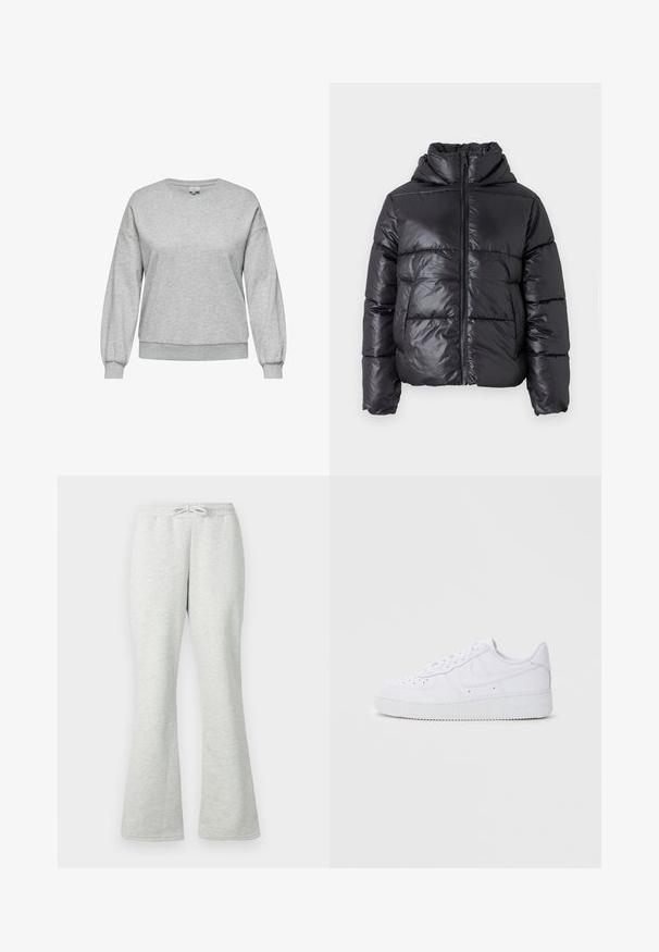 Sort dunjakke med en blank finish, lynlåslukning foran og høj krave. Har lodrette quiltede mønstre og elastiske manchetter.; Grå sweatshirt lavet af en bomuldsblandingsmateriale, med en rund halsudskæring, lange ballonærmer samt ribbede manchetter og kant.; Lysegrå joggingbukser med elastisk taljebånd og snøre, lige ben og blødt bomuldsstof.; Hvide Nike Air Force 1 sneakers med læderoverdel, rund tå, snørelukning, polstret krave og struktureret gummisål.