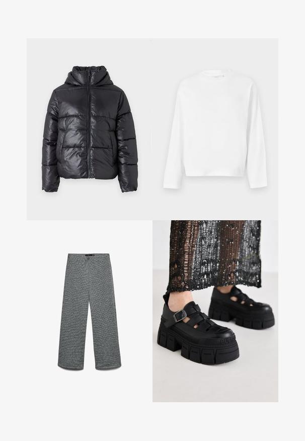 Zwarte pufferjas met een glanzende afwerking, ritssluiting aan de voorkant en hoge kraag. Beschikt over een horizontaal gestikt patroon en elastische manchetten.; Gina Tricot Longsleeve - white; Wijde broekspijpen van een geaderde grijze gebreide stof. Heeft een hoge tailleband en rechte pijpen, die zorgen voor een ontspannen pasvorm.; Zwarte platform sandalen met een chunky ontwerp, voorzien van brede banden en een zijgesp. Gemaakt van textuur rubber met een logo-detail.