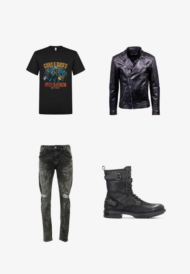 Sort læder bikerjakke med quiltede skulder- og armstykker, asymmetrisk lynlås foran og lynlåslommer.; Sort bomulds t-shirt med et farverigt grafisk print af bandmedlemmerne, med teksten "Guns N' Roses Appetite for Destruction 1987 Tour."; Slim-fit, slidset sorte jeans lavet af denim med slidte knælapper. Har standardlommer og en knaplukning.; Kazar HEARD - Cowboy- / bikerstøvlette - black