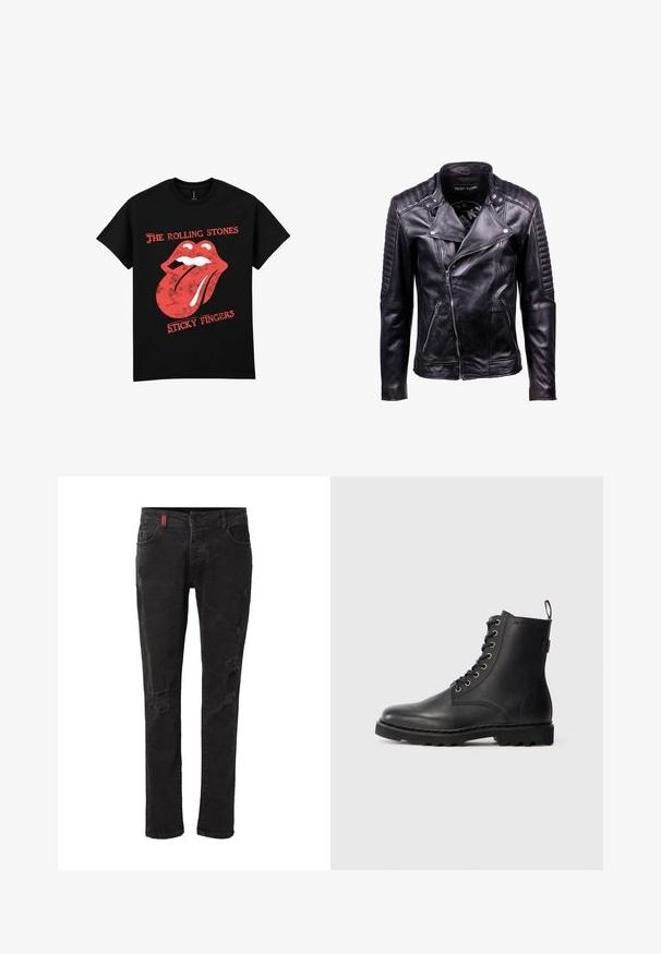 Chaqueta de cuero negra para motociclista con paneles acolchados en hombros y brazos, cierre frontal asimétrico y bolsillos con cremallera.; Camiseta de algodón negra con un gráfico del logo de los Rolling Stones en rojo y blanco, con el diseño de la lengua y el texto "Sticky Fingers" debajo.; Vaqueros ajustados negros con parches desgastados en los muslos delanteros y las rodillas, con bolsillos delanteros y trabillas para cinturón.; Botín de cuero negro con punta redonda, diseño con cordones y ojales de metal. Cuenta con una suela texturizada y una lengüeta en el talón para facilitar su uso.
