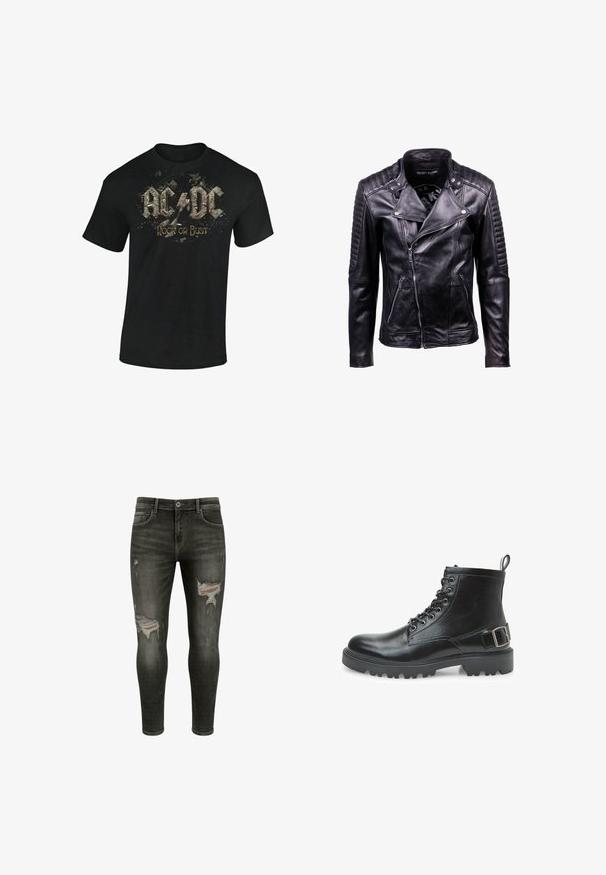 Sort læder bikerjakke med quiltede skulder- og armstykker, asymmetrisk lynlås foran og lynlåslommer.; Sort bomulds t-shirt med grafisk print af "AC/DC" og "Rock or Bust" i slidte, stiliserede bogstaver med splatteraccents.; Sorte skinny jeans med rifter på lårerne, medium vask, klassisk fem-lomme design og metal knaplukning.; Sort læder kampsko med snørebånd, metaløjer, robust sål, trækstrop ved hælen og en dekorativ spænde rem på siden.