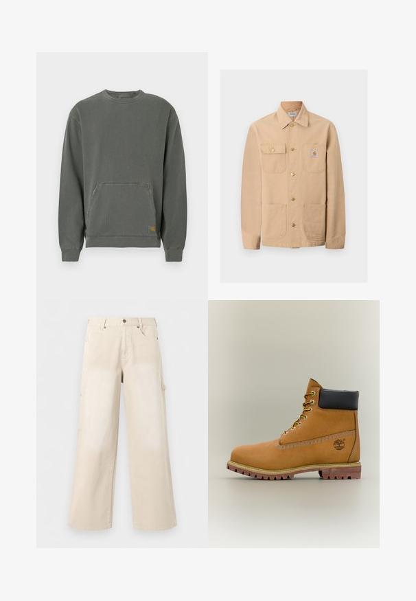 Μπεζ μπουφάν Carhartt με τέσσερις μπροστινές τσέπες, κούμπωμα με κουμπιά και ετικέτα με το λογότυπο της μάρκας στην δεξιά τσέπη στο στήθος.; Γκρι φούτερ με μακριά μανίκια από βαμβάκι, με στρογγυλή λαιμόκοψη, μπροστινή τσέπη, ριμπ μανσέτες και μικρό λογότυπο στο τελείωμα.; Μπεζ παντελόνια με φαρδιά μπατζάκια, εμπρόσθιες τσέπες, κλείσιμο με κουμπί και θηλιές για ζώνη, απεικονίζονται σε απλό λευκό φόντο.; Καφέ δερμάτινο μποτάκι αστραγάλου με μαύρο γιακά, κίτρινα κορδόνια και ταμπά σόλα. Διαθέτει λογότυπο και λευκή ραφή για λεπτομέρεια. Ανθεκτική εξωτερική σόλα με τραχύ πέλμα.