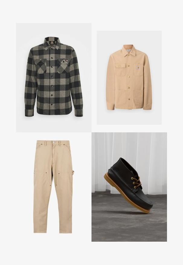 Béžová bunda Carhartt so štyrmi prednými vreckami, zapínaním na gombíky a nášivkou s logom značky na pravom náprsnom vrecku.; Čierno-sivá károvaná flanelová košeľa s dlhými rukávmi, zapínaním na gombíky vpredu, dvoma náprsníkmi a mierne zakriveným spodným okrajom. Textúrovaná tkanina.; Bežové cargo nohavice vyrobené z bavlny. Obsahujú niekoľko vreciek, rovný strih a zapínanie na gombík s kovovými detailmi.; Čierne kožené topánky s hladkým povrchom, okrúly špička, hnedé šnúrky a svetlohnedé gumové podrážky. Logo je embosované na boku.