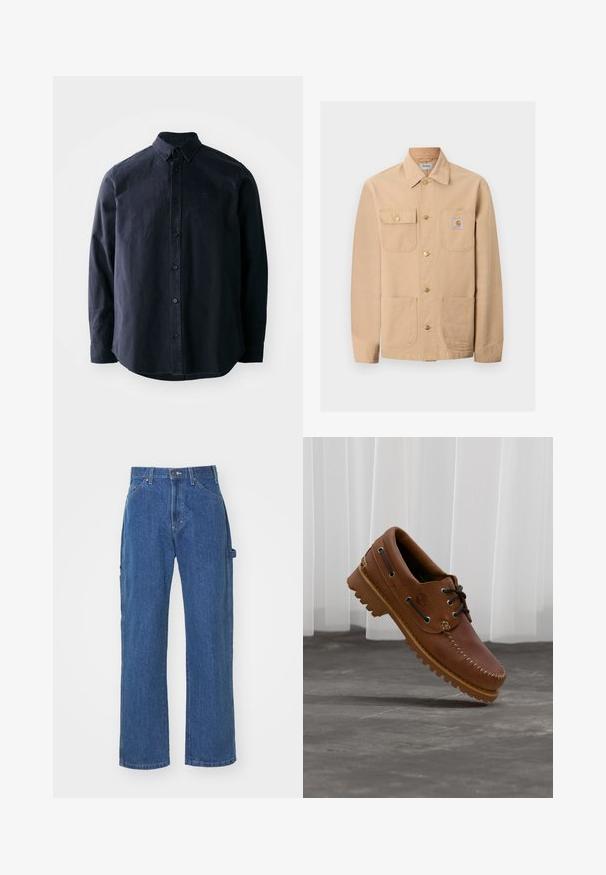 Veste Carhartt beige avec quatre poches avant, fermeture par boutons, et écusson du logo de la marque sur la poche poitrine droite.; Chemise boutonnée bleu marine foncé avec col pointu, manches longues et ourlet droit. Présente un logo subtil sur la poitrine et un tissu texturé.; Jeans en denim bleu avec une coupe décontractée et une jambe droite, comprenant des poches avant et arrière et une fermeture à bouton à la taille.; Chaussure de bateau en cuir marron avec des lacets noirs, des coutures beiges et une semelle robuste, suspendue au-dessus d'un sol en béton gris.