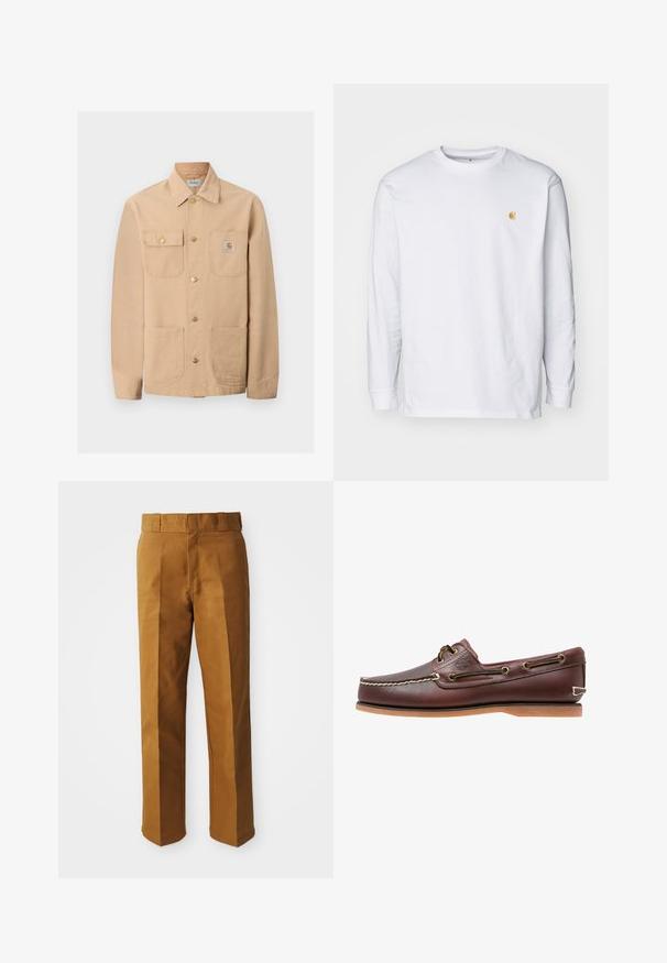 Μπεζ μπουφάν Carhartt με τέσσερις μπροστινές τσέπες, κούμπωμα με κουμπιά και ετικέτα με το λογότυπο της μάρκας στην δεξιά τσέπη στο στήθος.; Λευκό μακρυμάνικο μπλουζάκι από βαμβάκι. Διαθέτει ένα μικρό χρυσό λογότυπο στο στήθος και στρογγυλή λαιμόκοψη. Απλός σχεδιασμός και κανονική εφαρμογή.; Καφέ, εφαρμοσμένα παντελόνια με απαλή υφή, διαθέτοντας σχέδιο ίσιας γραμμής, πτυχές μπροστά και κανονική μέση.; Καφέ δερμάτινο παπούτσι για ιστιοπλοΐα με λευκά ραφές, λεπτομέρειες κορδονιών και ταμπά λαστιχένια σόλα, εμφανιζόμενο από το πλάι σε λευκό φόντο.