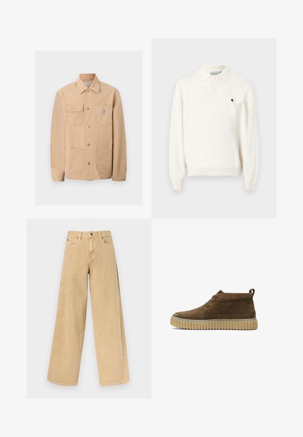 Beige Carhartt-jakke med fire forlommer, knaplukning og mærkelogo på den højre brystlomme.; Off-white langærmet poloshirt med to knapper, ribstrikkede ærmeender, krave og lille sort Carhartt-logo på venstre bryst.; Beige, højttaljede bukser med vide ben, forrest med knap og lynlås, bæltestropper og forlommer på en ensfarvet baggrund.; Brune ruskind ankelstøvler med en rund tå, minimal syning og en tekstureret, kraftig gummisål. Har snørebåndsdesign og hælflig.