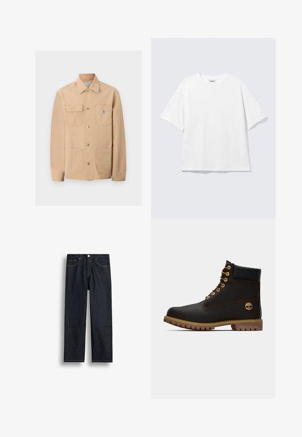 Beige Carhartt-jas met vier voorzakken, knoopsluiting en merklogo op de rechterborstzak.; Witte oversized T-shirt met korte mouwen, ronde hals en verlaagde schouders, plat op een lichtgrijze achtergrond.; Donkerblauwe recht gesneden spijkerbroek met voorvak, rits en ontwerp met vijf zakken op een witte achtergrond.; Zwarte leren enkellaars met gouden oogjes, bruine accenten en een rubberen zool. Heeft een gevoerde kraag en geperst logo aan de zijkant.
