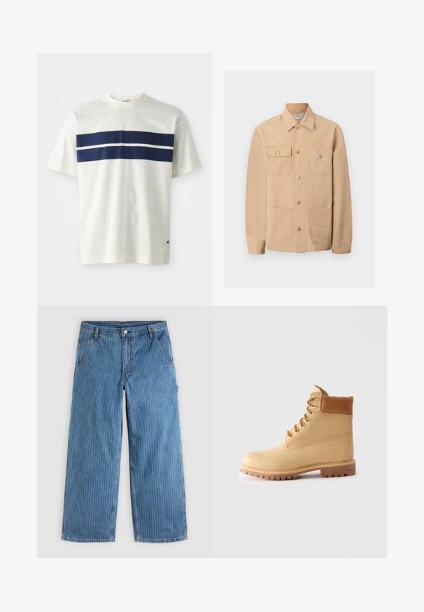Veste Carhartt beige avec quatre poches avant, fermeture par boutons, et écusson du logo de la marque sur la poche poitrine droite.; T-shirt en coton blanc avec un design de rayures horizontales bleu marine et une rayure blanche plus étroite en dessous, manches courtes et col rond.; Jean bleu à jambes larges avec fines rayures verticales blanches, poches avant, passants pour ceinture et fermeture par bouton à la taille.; Bottes ankle en cuir marron clair avec col rembourré, œillets dorés, lacets tan et semelle crantée épaisse sur fond clair.