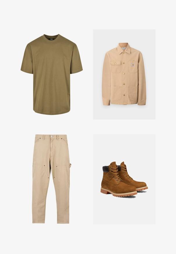 Beige Carhartt-Jacke mit vier Fronttaschen, Knopfverschluss und Markenlogo-Patch auf der rechten Brusttasche.; Olivenfarbene T-Shirt, kurze Ärmel, runder Halsausschnitt, aus Baumwollmaterial, verfügt über ein schlichtes Design ohne Muster oder Akzente.; Beige Cargo-Hosen aus Baumwolle. Verfügt über mehrere Taschen, einen geraden Schnitt und einen Knopfverschluss mit metallischen Hardware-Details.; Braune Wildleder-Stiefeletten mit einem gepolsterten schwarzen Kragen, goldenen Ösen und einer dicken Gummisohle mit einem Rillenmuster für besseren Grip.
