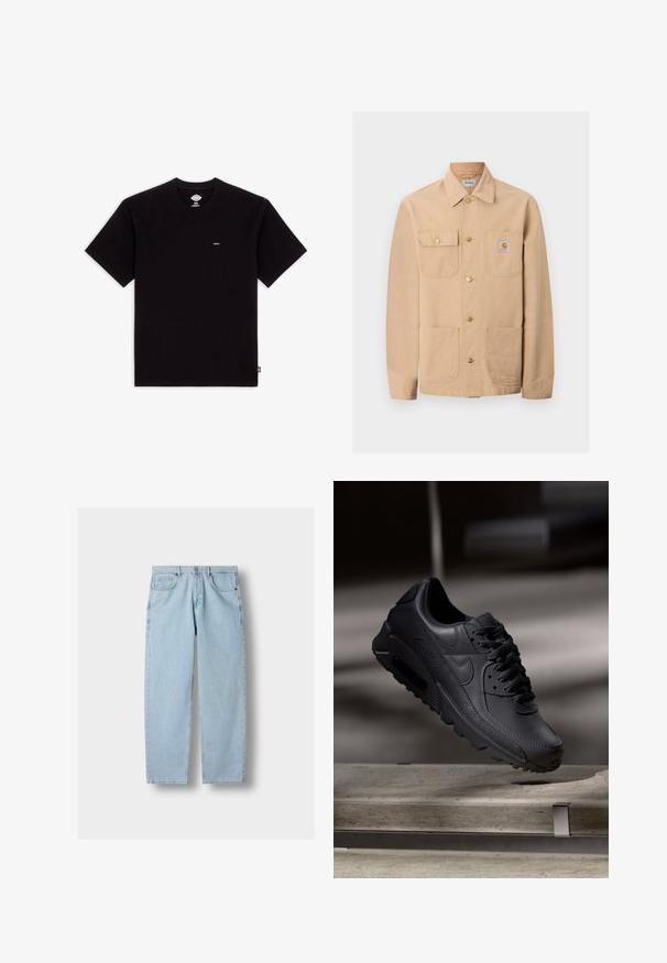 Beige Carhartt-jakke med fire forlommer, knaplukning og mærkelogo på den højre brystlomme.; Sort bomulds T-shirt med korte ærmer, rund halsudskæring, har et lille logo mærke på brystet og et enkelt design uden mønstre eller accenter.; Lyseblå lige denimjeans med forlommer, bæltestropper og knaplukning på en grå baggrund.; Sorte Nike Air Max-sneakers med en struktureret læderoverdel, gummisål og fremtrædende snøresystem, der viser et slankt, moderne design.