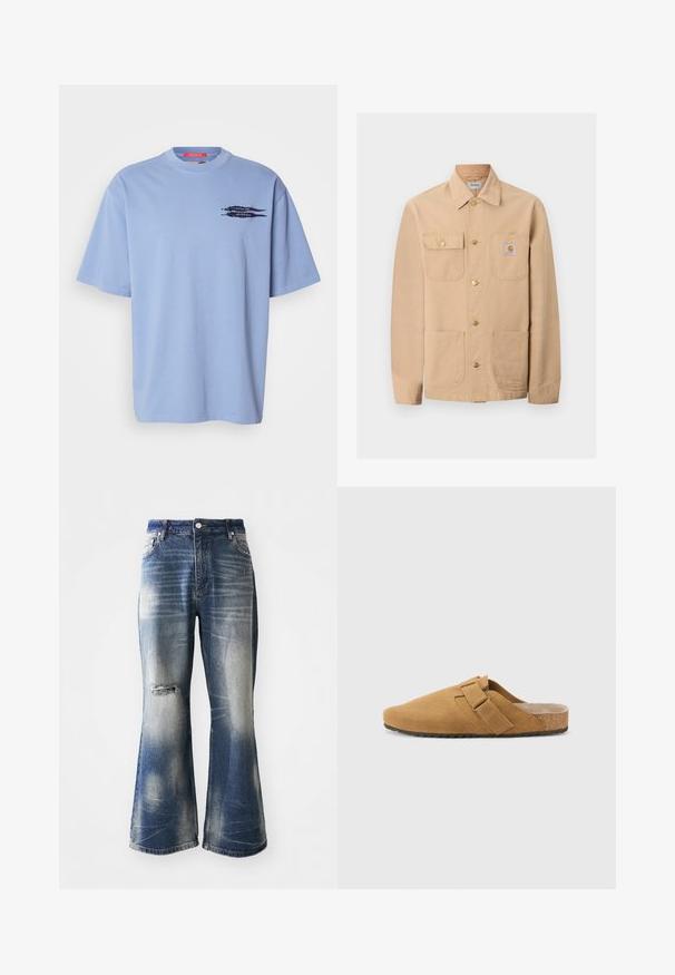Beige Carhartt-jakke med fire forlommer, knaplukning og mærkelogo på den højre brystlomme.; Lyseblå t-shirt med korte ærmer lavet af bomuld. Har en rund halsudskæring og et sort grafisk motiv af pile på den venstre brystområde.; Blå flagrende jeans med falmede områder og slidte knædetaljer. Lavet af denim, med knaplukning og fem-lomme design.; Brune ruskind slip-on sko med en bred rem over vristen, tekstureret indersål og en kork mellemsål. Flad gummisål giver godt greb.