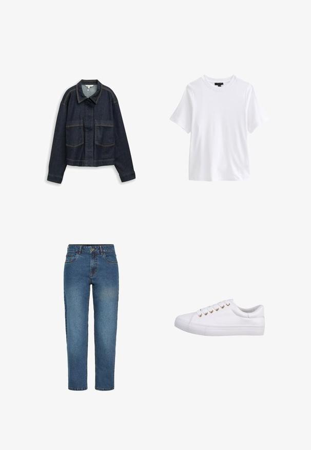 Donkerblauw denimjack met lange mouwen, brede kraag, zichtbare gele stiksels en twee opgestikte voorkanten zakken.; Effen wit T-shirt met korte mouwen en ronde hals met een zwart kledinglabel aan de binnenkant van de kraag op een witte achtergrond.; Blauwe high-waist straight-leg spijkerbroek met voorste knoop en ritssluiting, twee voorzakken en riemlussen.; Witte sneaker van gestructureerd leer met zes metalen oogjes, platte veters en een rubberen zool. Klassiek laag model zonder patronen.