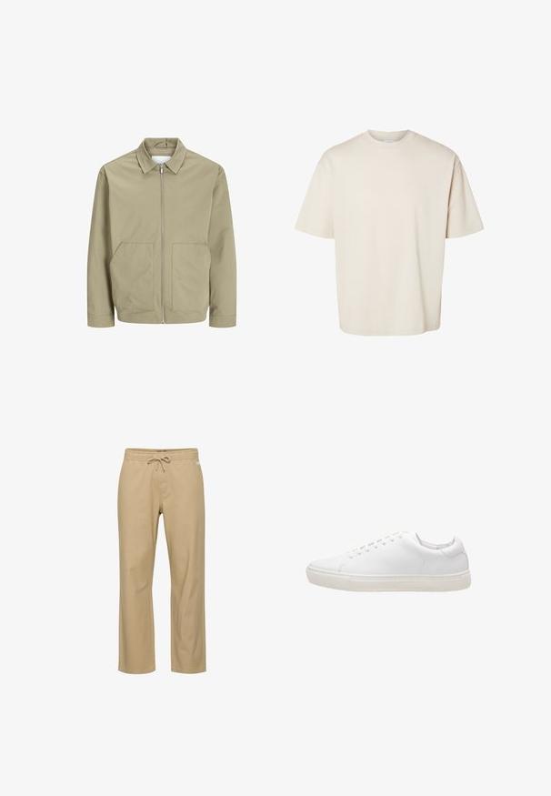 Chaqueta de color caqui claro hecha de una tela suave, con collar, cremallera frontal y dos bolsillos laterales. Mangas largas y corte relajado.; Camiseta de algodón beige lisa, de manga corta, oversize y con cuello redondo, mostrada extendida sobre un fondo blanco.; Pantalones de algodón beige de corte relajado con cintura elástica y cordón. Presentan bolsillos laterales y corte recto en las piernas. Sin patrones visibles.; Zapatilla de cuero blanco con textura suave, puntera redonda, cierre de cordones y suela de goma plana. Diseño minimalista sin patrones visibles.