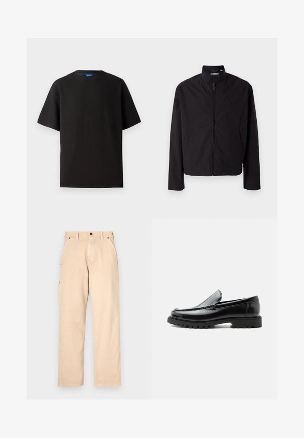 Chaqueta ligera negra, cierre de cremallera, cuello alzado, bolsillos laterales, tejido suave, diseño minimalista con acento de logo en el pecho.; Camiseta negra de manga corta, cuello redondo, hecha de tejido de canalé. Presenta un ajuste relajado y una sutil etiqueta de marca azul en el interior del cuello.; Pantalones de algodón beige con corte de pierna recta, que cuentan con bolsillos laterales, pasadores para cinturón y cierre delantero con botón. Textura suave, diseño minimalista.; Mocasín de cuero negro con suela de goma gruesa, empeine cosido y nombre de la marca en relieve en el talón, mostrado en perfil lateral sobre fondo blanco.