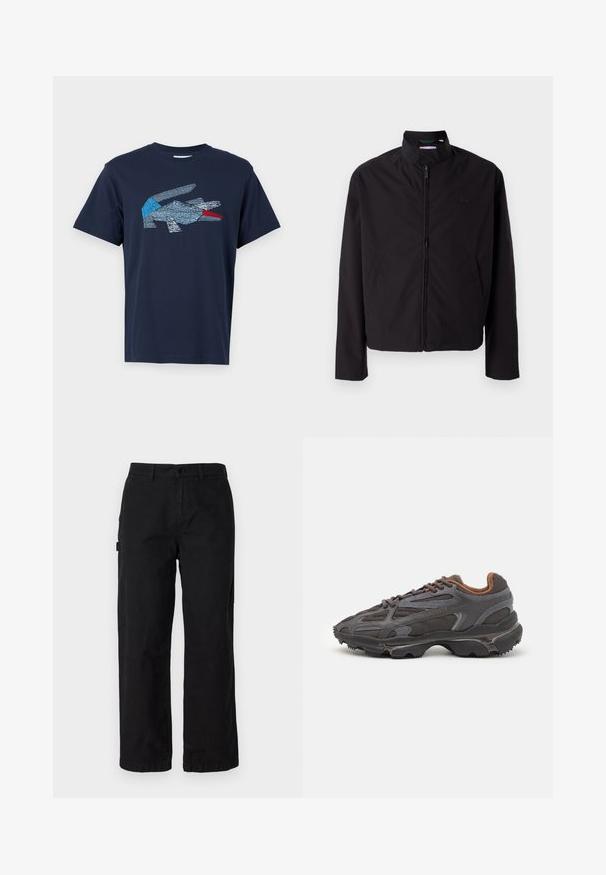 Chaqueta ligera negra, cierre de cremallera, cuello alzado, bolsillos laterales, tejido suave, diseño minimalista con acento de logo en el pecho.; Lacoste Camiseta estampada - dark blue; Pantalones cargo de algodón negros con un diseño de pierna recta, que cuentan con bolsillos laterales y un cierre frontal con botón. Tela duradera con una textura suave.; Zapatillas Lacoste en gris oscuro con material de malla y sintético, que cuentan con una suela texturizada y detalles en marrón en el cuello y la marca.