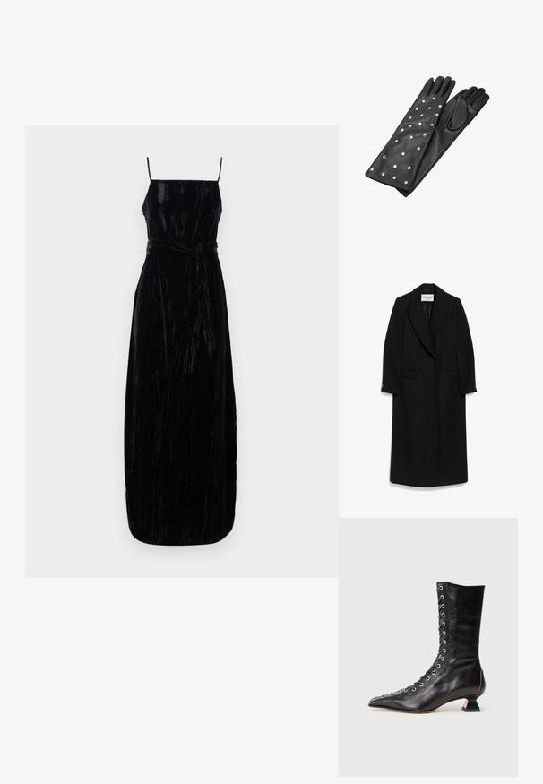 Zwarte lange jas van wol, met een geknipt kraag, dubbelgevoerde ontwerp, klepzakken en knoopmouwen.; Zwarte fluwelen maxi-jurk met spaghetti-bandjes, een aansluitend lijfje en een bijpassende strikceintuur op de taille. Gemêleerde stof met een lichte glans.; Zwarte leren enkelboot met spitse neus, voorlacing, metalen oogjes, lage blokhak en een strakke uitstraling. Gladde textuur, moderne silhouette.; Zwarte leren handschoenen met lange vingers, voorzien van zilveren studs in een patroon. Gladde textuur met een strakke pasvorm bij de pols.