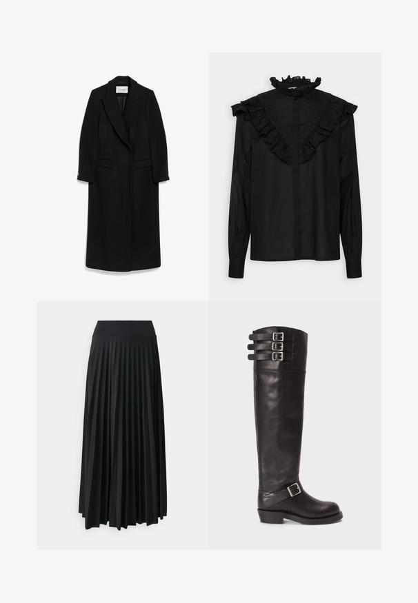 Abrigo largo negro de lana, con cuello de muesca, diseño de doble botonadura, bolsillos de solapa y mangas abotonadas.; Sofie Schnoor Blusa - black; Falda maxi negra con pliegues y cinturilla elástica ancha. Fabricada con un tejido suave y fluido, presenta pliegues verticales para añadir textura.; Bota de cuero negro hasta la rodilla con punta redonda, tres hebillas de cinta en la parte superior y un detalle de hebilla lateral. Suela plana y textura suave.