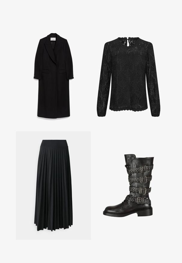 Abrigo largo negro de lana, con cuello de muesca, diseño de doble botonadura, bolsillos de solapa y mangas abotonadas.; Blusa de encaje negro de manga larga con escote redondo, dobladillo festoneado y detalle de ojal en la parte trasera. Patrón floral delicado en toda la prenda.; Falda maxi negra con pliegues y cinturilla elástica ancha. Fabricada con un tejido suave y fluido, presenta pliegues verticales para añadir textura.; Bota de cuero negro hasta la rodilla con múltiples hebillas y ojetes plateados, con punta redonda y un tacón bajo en bloque. Acabado texturizado.