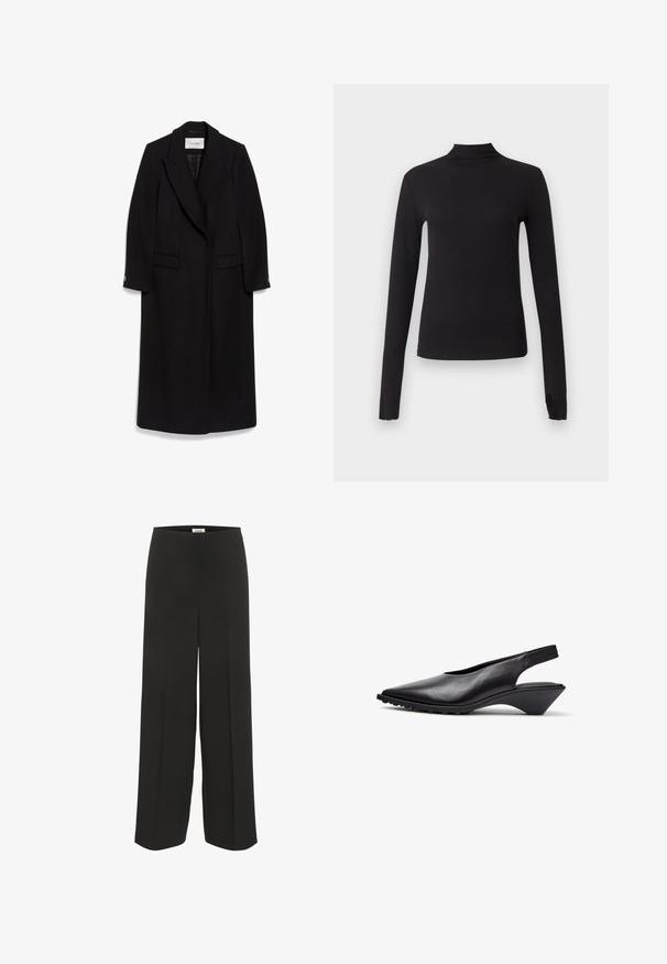 Abrigo largo negro de lana, con cuello de muesca, diseño de doble botonadura, bolsillos de solapa y mangas abotonadas.; Camiseta negra ajustada de manga larga con cuello alto, mostrada sobre un fondo gris claro liso.; Pantalones negros de pierna ancha con cintura alta y detalles sutiles de pliegue, diseñados para un ajuste relajado y elegante.; Zapato slingback negro de cuero con punta afilada y tacón cuña angular de altura media sobre fondo blanco.