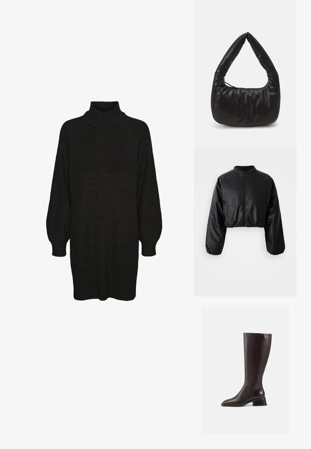 Schwarze, taillierte Bomberjacke aus glattem, kunstlederähnlichem Material, mit Reißverschluss und elastischen Bündchen für eine figurbetonte Silhouette.; Schwarzes Strickkleid mit hochgeripptem Kragen, Raglanärmeln und strukturiertem Stoff. Lockere Passform mit umgeschlagenen Ärmeln und geradem Saum.; Knöchelhohe, braune Lederstiefel mit glatter Oberfläche, abgerundeter Spitze und gestapeltem schwarzen Absatz. Schlichtes Design mit minimalen Hardware-Details.; Schwarze Leder-Schultertasche mit lässigem Design, ausgestattet mit einem markanten, geknoteten Griff und einem Reißverschlussverschluss. Sanfte Textur über die gesamte Fläche.