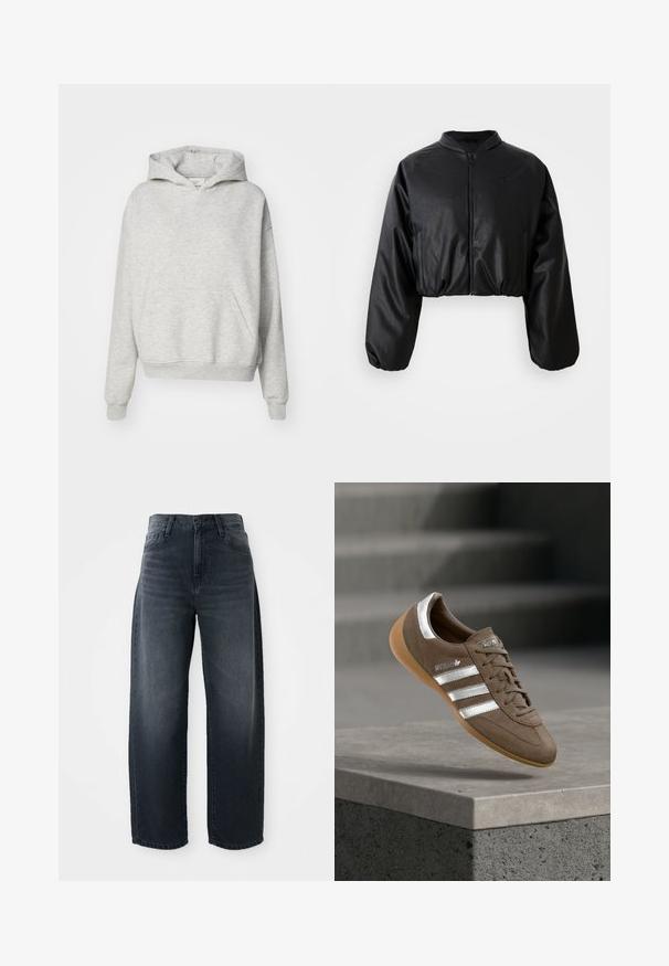 Veste bomber noire cropped avec une texture en cuir synthétique lisse, fermeture éclair et poignets élastiques pour un look ajusté.; Sweat à capuche gris avec une poche avant, capuche à cordon et poignets côtelés. Fabriqué en tissu doux et texturé, il présente un design à coupe décontractée.; Jeans évasés en denim indigo, avec une taille haute, une fermeture classique à bouton et glissière, et un délavage subtil sur le devant.; Baskets en daim marron avec des rayures blanches et des accents argentés, dotées d'une tige texturée, d'un système de laçage et d'une semelle en caoutchouc gomme.