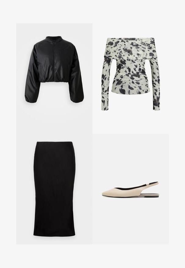 Zwarte cropped bomberjack met een gladde, nepleer structuur, ritsluiting en elastische manchetten voor een getailleerd silhouet.; Off-shoulder top van lichte stof met een witte basis en een zwart en bruin abstract patroon. Lange mouwen met een geraffineerde textuur.; Zwarte, aansluitende midi-rok met een zachte textuur, zijsplitdetail en een klassieke tailleband. Ontworpen voor een elegante silhoutte.; Beige leren slingback ballerina's met een spitse neus, minimalistisch ontwerp, gladde textuur en een lage zwarte zool.