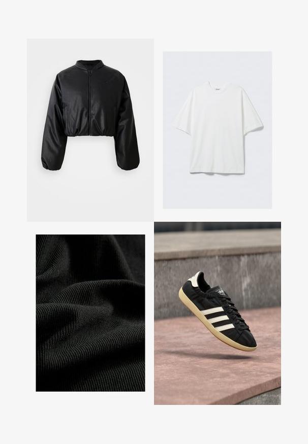 Veste bomber noire cropped avec une texture en cuir synthétique lisse, fermeture éclair et poignets élastiques pour un look ajusté.; T-shirt blanc surdimensionné en coton à manches courtes avec col rond et une petite étiquette de marque à l'intérieur du col.; Tissu noir côtelé avec une surface texturée, mettant en valeur des plis et des courbes subtiles. Le matériau semble léger et flexible.; Baskets Adidas noires avec des bandes blanches et une semelle beige, capturées en plein air au-dessus d'une surface en pierre et d'un mur en pierre en arrière-plan.