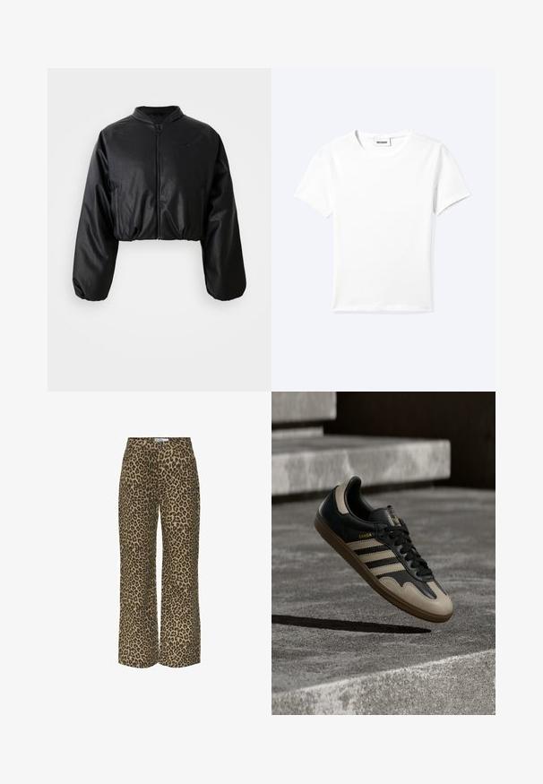 Μαύρο cropped bomber jacket με απαλή, τεχνητή δερμάτινη υφή, κλείσιμο με φερμουάρ και ελαστικούς καρπούς για εφαρμόζουσα σιλουέτα.; Απλό λευκό μπλουζάκι με κοντά μανίκια και στρογγυλή λαιμόκοψη, με μια μικρή ετικέτα "WEEKDAY" μέσα στο λαιμό, εμφανίζεται απλωμένο πάνω σε ανοιχτό φόντο.; Παντελόνι σε λεοπάρ σχέδιο με φαρδιά πόδια σε καφέ και μαύρο χρώμα, διαθέτει κλείσιμο με κουμπί, δύο μπροστινές τσέπες και μέση μεσαίου ύψους. Μαλακή υφή υφάσματος.; Μαύρο και μπεζ δερμάτινο αθλητικό παπούτσι με τρεις λευκές ρίγες, καφέ λαστιχένια σόλα, και χρυσές λεπτομέρειες "Samba" στο πλάι.