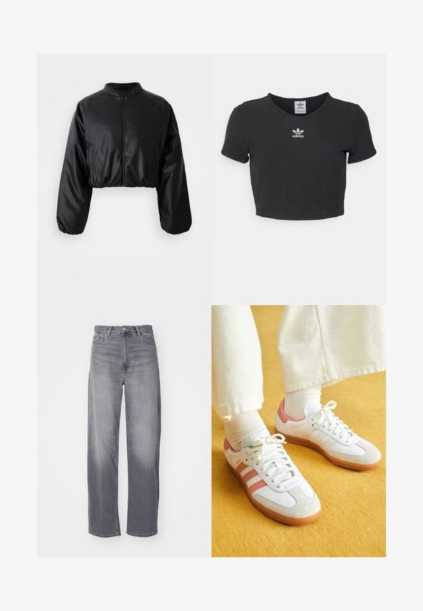 Schwarze, taillierte Bomberjacke aus glattem, kunstlederähnlichem Material, mit Reißverschluss und elastischen Bündchen für eine figurbetonte Silhouette.; Schwarzes, kurzes T-Shirt aus Baumwolle mit rundem Halsausschnitt und kurzen Ärmeln. In der Mitte befindet sich eine weiße Adidas-Logo-Stickerei.; Weekday RAIL MID LOOSE STRAIGHT - Jeans Straight Leg - misty grey; Weiße Sportschuhe mit pinken Akzenten, aus Wildleder und Leder, runde Zehenform und Gummisohle, dargestellt mit hellen Socken vor einem gelben Hintergrund.