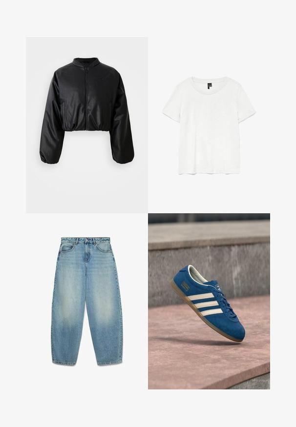 Veste bomber noire cropped avec une texture en cuir synthétique lisse, fermeture éclair et poignets élastiques pour un look ajusté.; T-shirt blanc à manches courtes avec un col rond, fabriqué en tissu léger. Design simple, texture lisse et ourlet droit.; Jean denim bleu clair taille haute avec détails délavés, bouton et fermeture éclair à l'avant, deux poches avant, et coupe décontractée effilée.; Baskets en daim bleu avec bandes et lacets crème, semelle en caoutchouc naturel, surface texturée, bout arrondi et logo sur le côté.