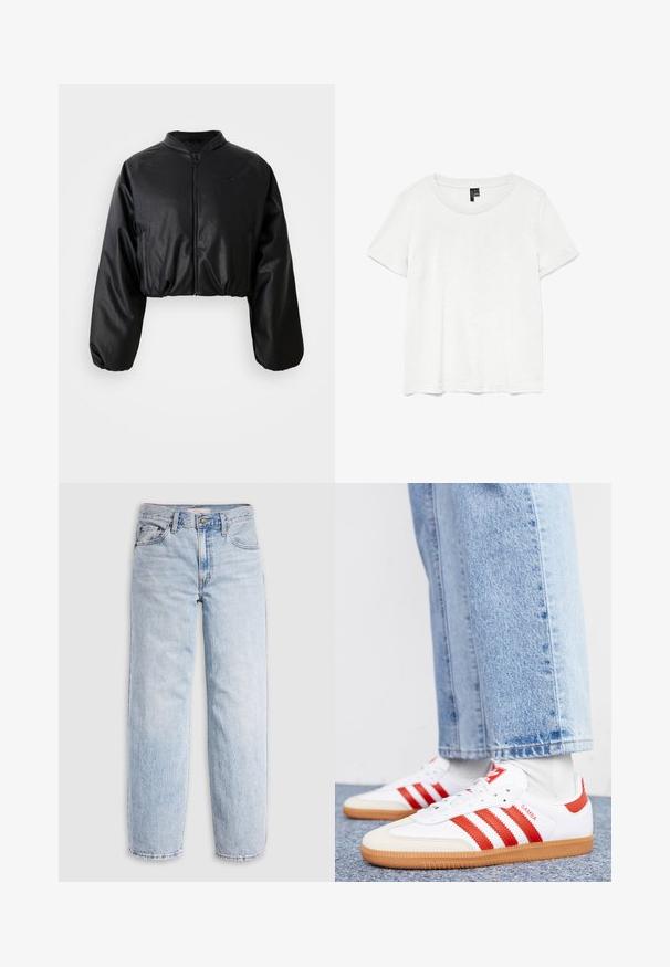 Μαύρο cropped bomber jacket με απαλή, τεχνητή δερμάτινη υφή, κλείσιμο με φερμουάρ και ελαστικούς καρπούς για εφαρμόζουσα σιλουέτα.; Λευκό κοντομάνικο μπλουζάκι με στρογγυλή λαιμόκοψη, κατασκευασμένο από ελαφρύ ύφασμα. Απλός σχεδιασμός, λεία υφή και ίσια τελείωμα.; Ανοιχτό μπλε τζιν με ψηλή μέση, άνετη εφαρμογή, ίσια πόδια και κλασικό σχεδιασμό με πέντε τσέπες. Ορατές ξεθωριάσεις και λεπτομέρειες ραφής.; Λευκά δερμάτινα sneakers με κόκκινες ρίγες και λεπτομέρειες. Διαθέτουν υφασμάτινη εξωτερική σόλα από καουτσούκ και ενισχυμένο κολάρο. Φοριούνται με ανοιχτό μπλε τζιν.