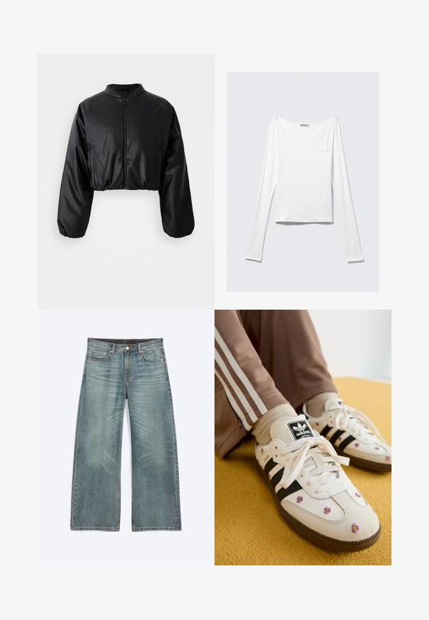 Chaqueta bomber corta negra con una textura suave de cuero sintético, cierre de cremallera y puños elastizados para un ajuste ceñido.; Top blanco de manga larga con diseño cruzado y un bolsillo. Fabricado en una tela suave y elástica. Con un corte casual y relajado.; Vaqueros de mezclilla azules de pierna ancha con bolsillos delanteros, trabillas para cinturón, cierre de botón y detalles sutiles de desgaste en los muslos y las rodillas.; Zapatillas de piel blanca con tres rayas negras y bordado floral en púrpura y amarillo. Suela de goma marrón. Combinadas con calcetines beige con canalé.