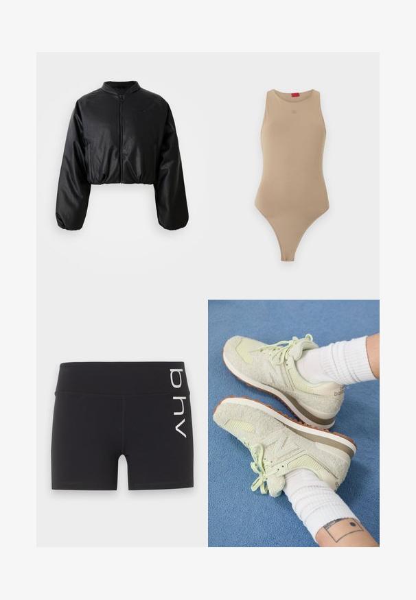 Sort cropped bomberjakke med en glat skalobt lædertekstur, lynlåslukning og elastiske manchetter for en tætsiddende silhuet.; Beige ærmeløs bodysuit med høj halsudskæring, minimalistisk design og lille logo midt på brystet, vist på ensfarvet baggrund.; Sorte tætsiddende sportsshorts med høj talje og hvidt lodret "bhv"-logo på højre side.; Lysegrønne New Balance-sneakers med struktureret nubuck og mesh, med snørebåndsdesign og gummisål i brun, placeret på et blåt tæppe.
