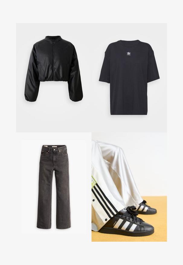 Čierna skrátená bomber bunda s hladkou, umelými kožou podobnou textúrou, zapínaním na zips a pružnými manžetami pre priliehavý strih.; Čierne bavlnené tričko s krátkymi rukávmi, okrúhlym výstrihom, na hrudi s bielym logom Adidas. Jednoduchý dizajn, voľný strih.; Vysoké nohavice širokého strihu z tmavošedého denimového materiálu, s prednými vreckami, kontrastnými meďenými nitmi a čistým prevedením bez ozdôb.; Čierne tenisky Adidas Campus so zlatými pruhmi a čiernymi šnúrkami, spárované s bielymi teplákmi so čiernymi pruhmi a logom.
