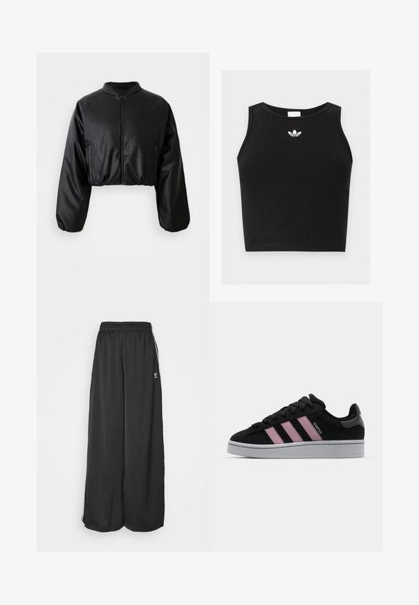 Μαύρο cropped bomber jacket με απαλή, τεχνητή δερμάτινη υφή, κλείσιμο με φερμουάρ και ελαστικούς καρπούς για εφαρμόζουσα σιλουέτα.; Μαύρο ριμπ αμάνικο crop top με στρογγυλή λαιμόκοψη και μικρό λευκό λογότυπο Adidas trefoil στο κέντρο κοντά στο γιακά.; Μαύρο αθλητικό παντελόνι σε χαλαρή γραμμή από λεία ύφανση. Διαθέτει ελαστική μέση και κάθετες ρίγες με λογότυπα.; Μαύρο σουέτ sneaker με ροζ σχέδιο τριών λωρίδων, γκρίζα καουτσούκ σόλα και υφή στην γλώσσα. Διαθέτει branding στο πλάι και στη φτέρνα.