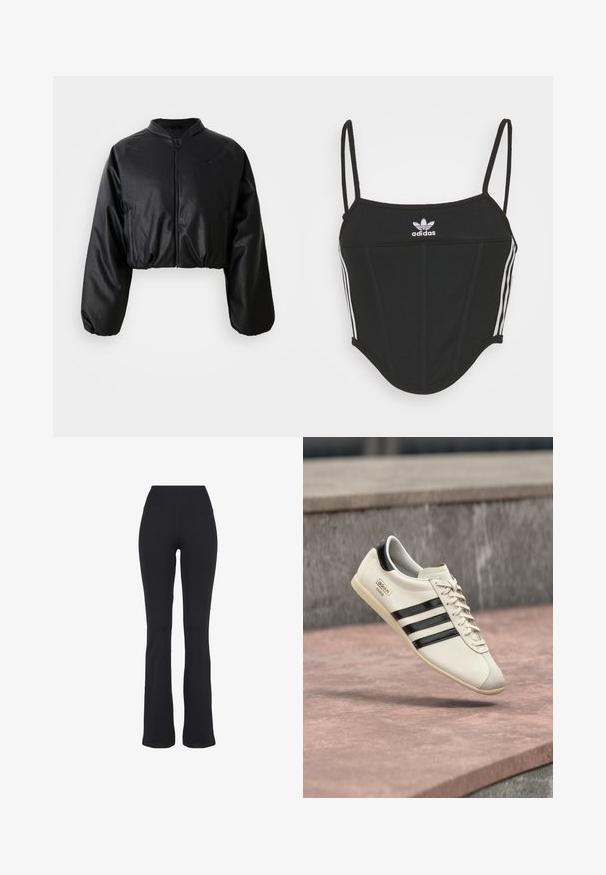 Sort cropped bomberjakke med en glat skalobt lædertekstur, lynlåslukning og elastiske manchetter for en tætsiddende silhuet.; Sort ribbet crop top med justerbare tynde stropper, der har tre hvide striber på siderne og et lille hvidt Adidas-logo i midten.; Sorte højtaljede, tætsiddende yogabukser med udvidede ben, præsenteret mod en hvid baggrund.; Hvid Adidas-sneaker med sorte striber og beige sål, svævende over en lyserød betonoverflade og grå stensbaggrund.